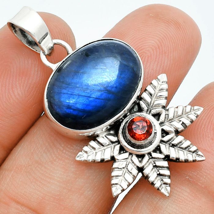 Blue Fire Labradorite and Garnet Pendant EXP01750 P-1425, 13x18 mm