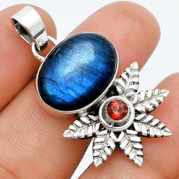 Blue Fire Labradorite and Garnet Pendant EXP01751 P-1425, 13x18 mm