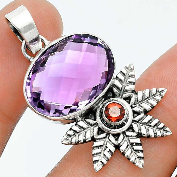 Amethyst Checker Briolette and Garnet Pendant EXP01752 P-1425, 13x19 mm