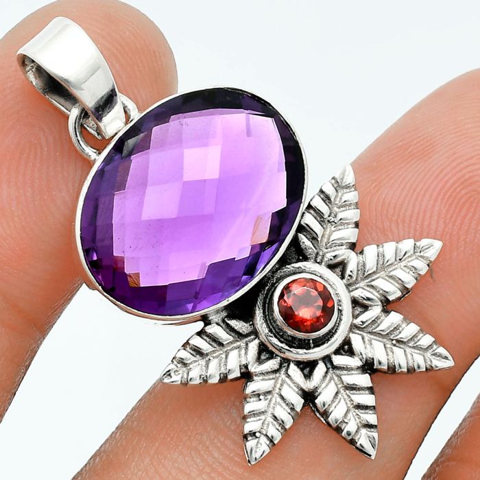 Amethyst Checker Briolette and Garnet Pendant EXP01753 P-1425, 13x18 mm