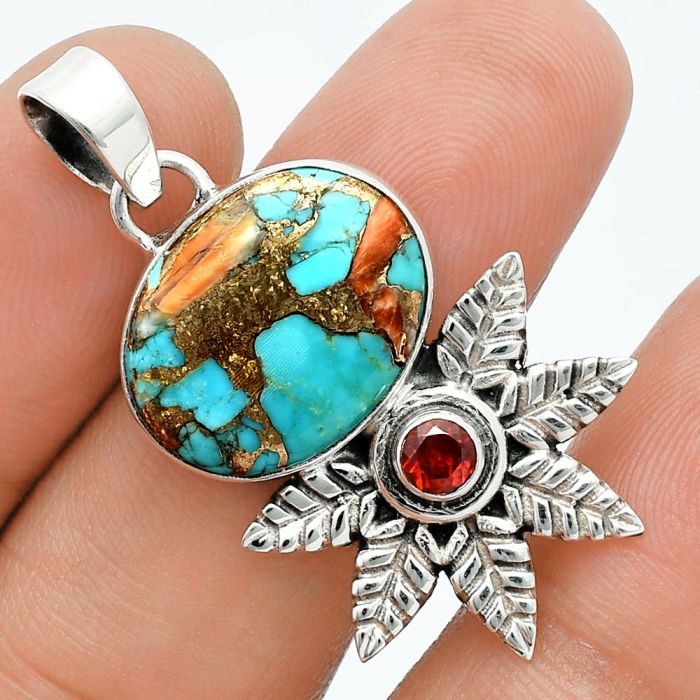 Spiny Oyster Turquoise and Garnet Pendant EXP01756 P-1425, 14x18 mm