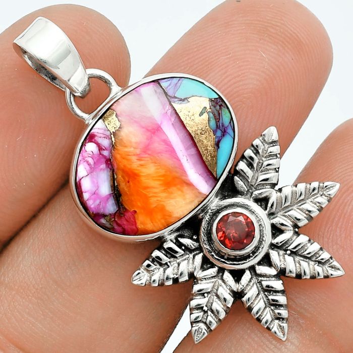 Kingman Orange Dahlia Turquoise and Garnet Pendant EXP01762 P-1425, 13x18 mm