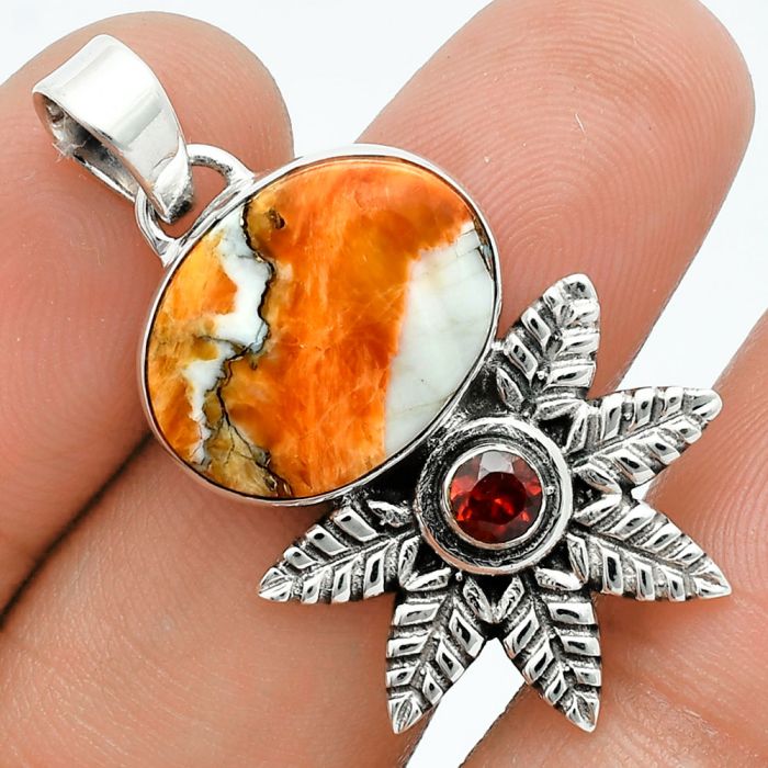 Spiny Oyster Turquoise and Garnet Pendant EXP01763 P-1425, 13x17 mm