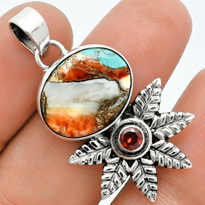 Spiny Oyster Turquoise and Garnet Pendant EXP01769 P-1425, 14x17 mm