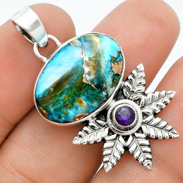 Spiny Oyster Turquoise and Amethyst Pendant EXP01777 P-1425, 14x20 mm