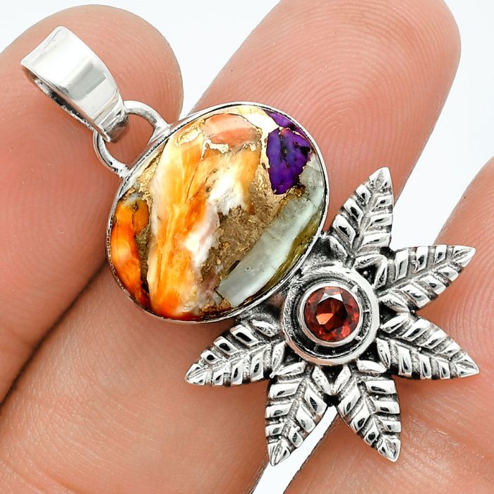 Spiny Oyster Turquoise and Garnet Pendant EXP01778 P-1425, 13x17 mm