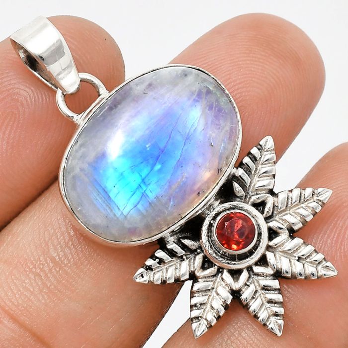 Rainbow Moonstone and Garnet Pendant EXP01782 P-1425, 15x20 mm