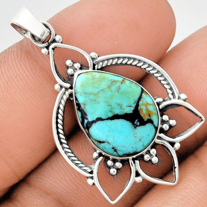 Lucky Charm Tibetan Turquoise Pendant EXP01903 P-1444, 13x18 mm