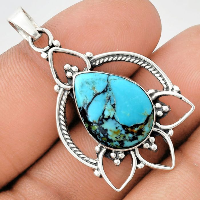 Lucky Charm Tibetan Turquoise Pendant EXP01917 P-1444, 13x18 mm