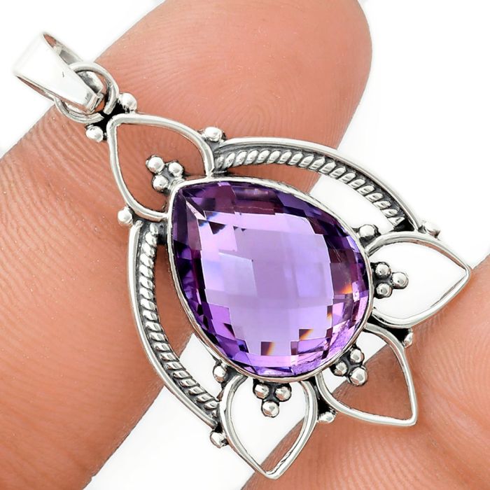 Amethyst Checker Briolette Pendant EXP01939 P-1444, 13x17 mm