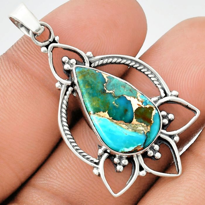 Kingman Copper Teal Turquoise Pendant EXP01944 P-1444, 12x21 mm