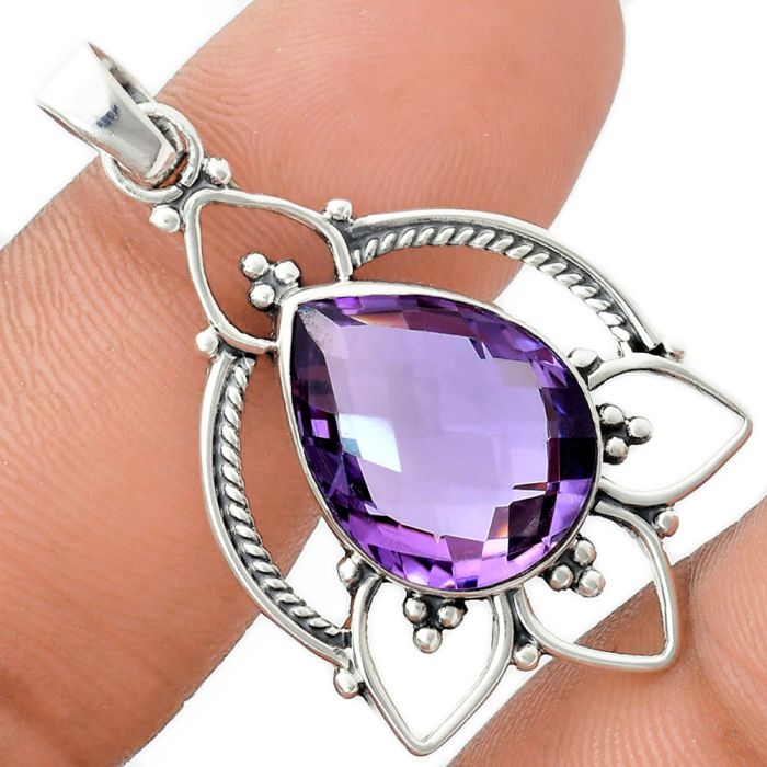 Amethyst Checker Briolette Pendant EXP01945 P-1444, 13x17 mm