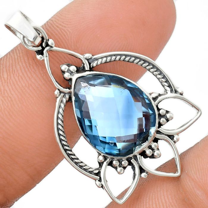 Sky Blue Topaz Checker Briolette Pendant EXP01947 P-1444, 13x17 mm