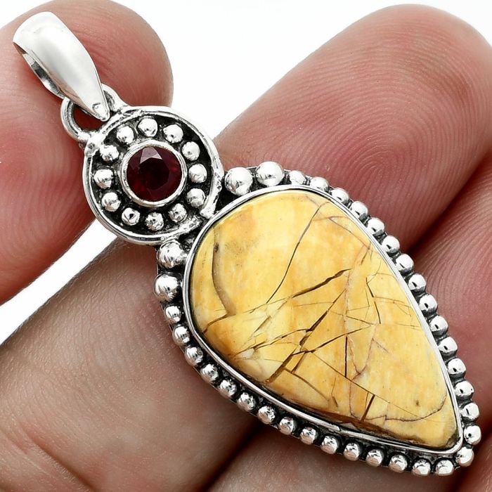 Brecciated Mookaite and Garnet Pendant EXP02024 P-1500, 14x23 mm