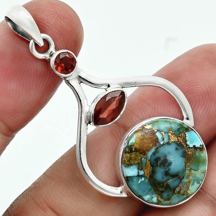 Kingman Copper Teal Turquoise and Garnet Pendant EXP02026 P-1187, 15x15 mm