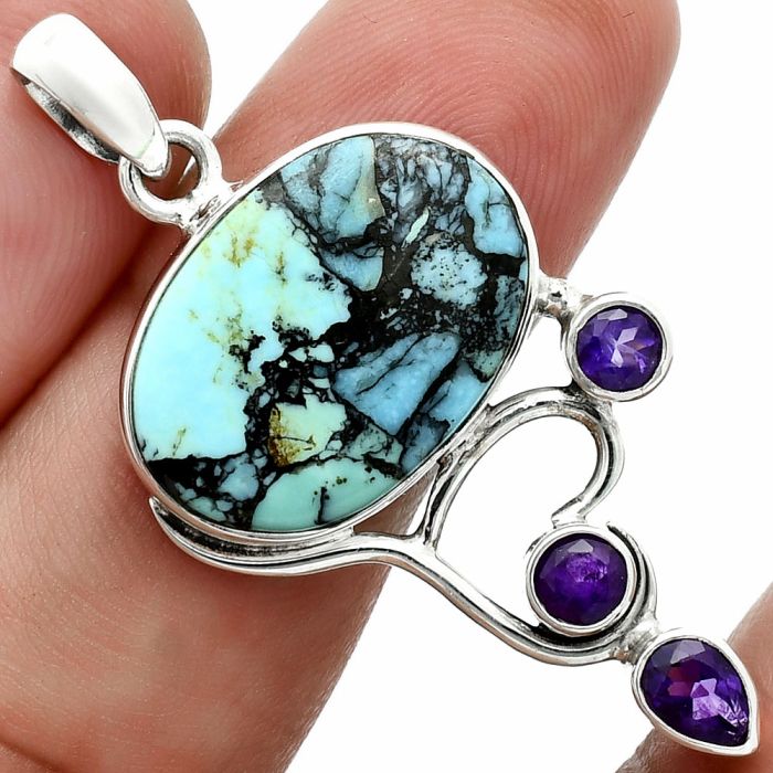 Lucky Charm Tibetan Turquoise and Amethyst Pendant EXP02030 P-1293, 14x20 mm