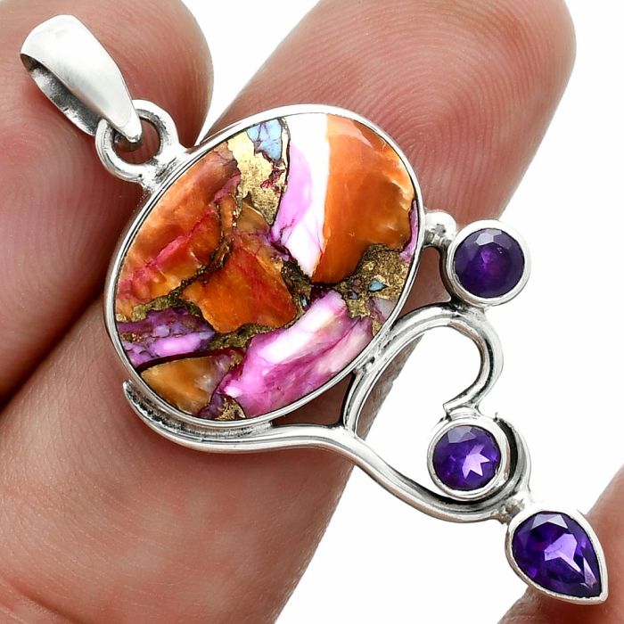 Kingman Orange Dahlia Turquoise and Amethyst Pendant EXP02031 P-1293, 14x19 mm