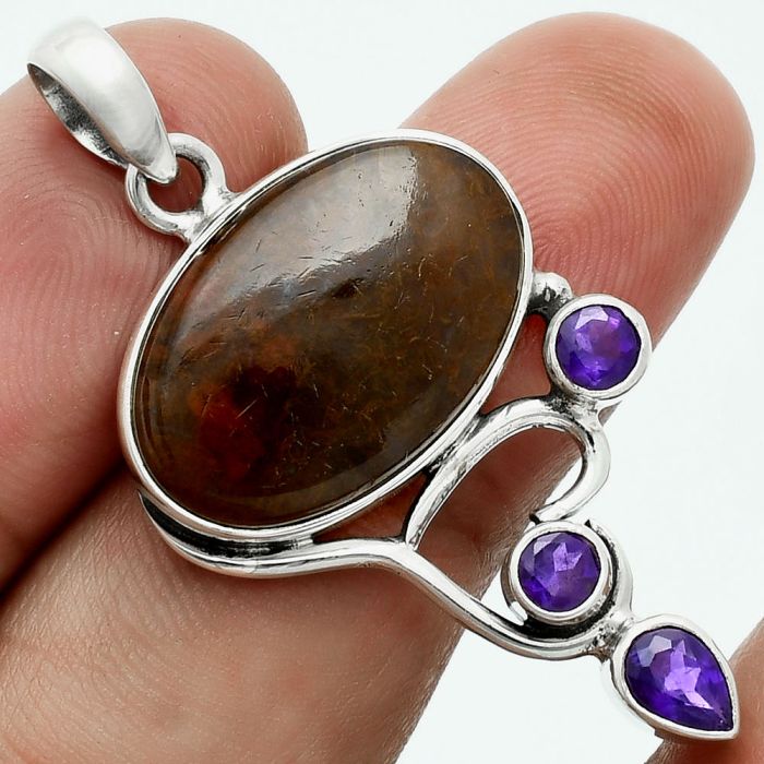 Texas Moss Agate and Amethyst Pendant EXP02035 P-1293, 13x21 mm