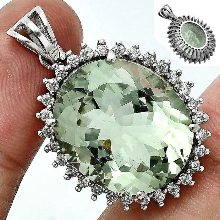 Prasiolite (Green Amethyst) and White Zircon Pendant EXP02056 P-1741, 17x20 mm