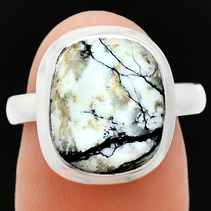 Authentic White Buffalo Turquoise Nevada Ring size-8 EXR01010 R-1007, 11x13 mm