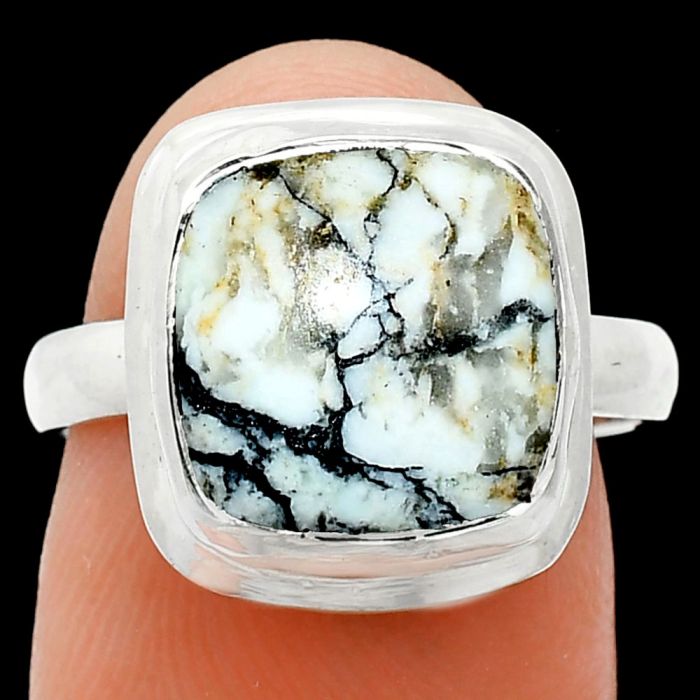 Authentic White Buffalo Turquoise Nevada Ring size-7 EXR01012 R-1007, 12x12 mm