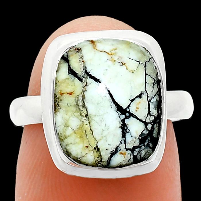 Authentic White Buffalo Turquoise Nevada Ring size-7 EXR01018 R-1007, 11x13 mm