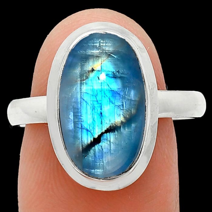 Rainbow Moonstone Ring size-9.5 EXR01047 R-1007, 9x15 mm