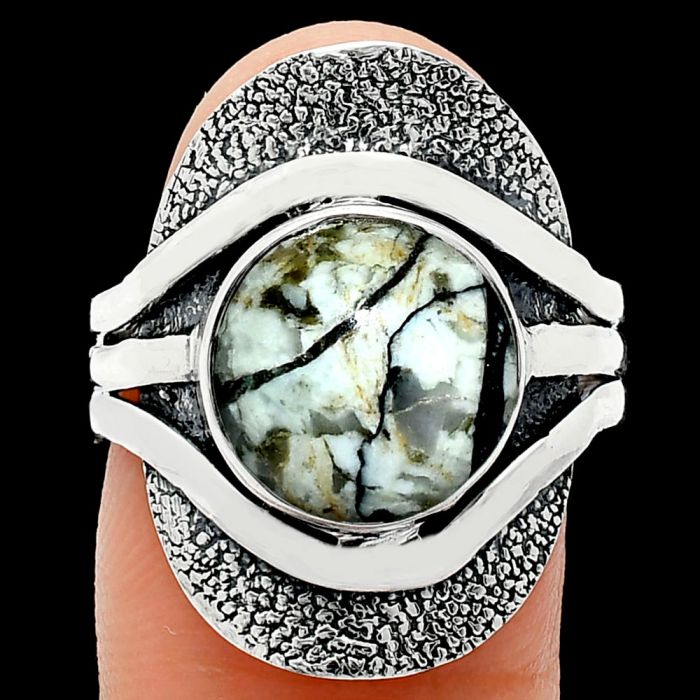 Authentic White Buffalo Turquoise Nevada Ring size-8.5 EXR01078 R-1402, 11x11 mm