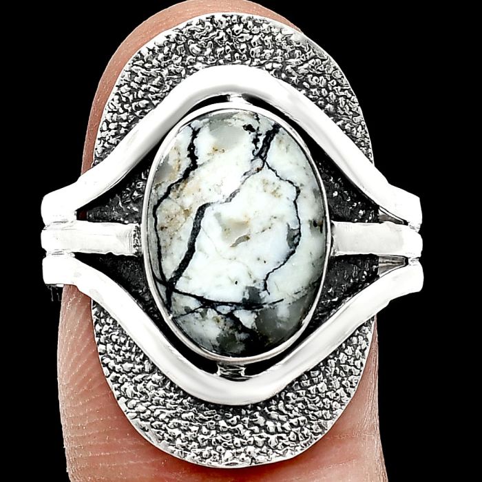 Authentic White Buffalo Turquoise Nevada Ring size-9.5 EXR01118 R-1402, 9x13 mm