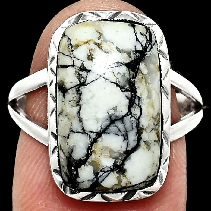 Authentic White Buffalo Turquoise Nevada Ring size-8 EXR01128 R-1074, 10x17 mm