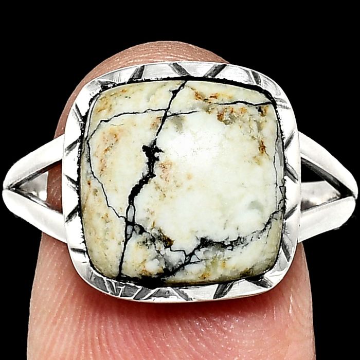 Authentic White Buffalo Turquoise Nevada Ring size-9.5 EXR01130 R-1074, 12x12 mm