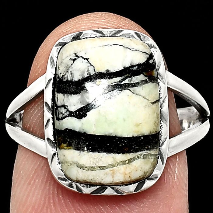 Authentic White Buffalo Turquoise Nevada Ring size-8 EXR01132 R-1074, 10x14 mm