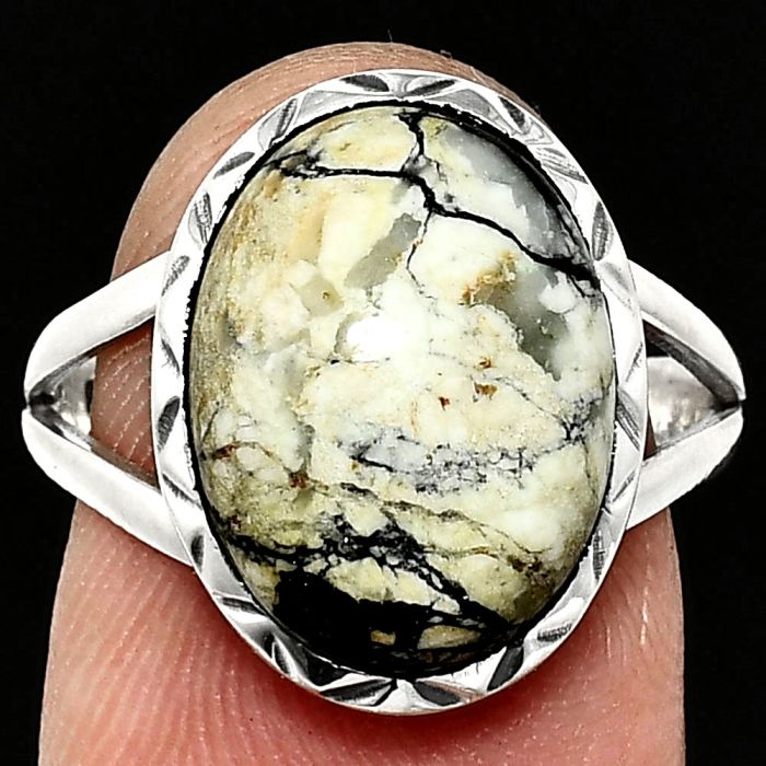 Authentic White Buffalo Turquoise Nevada Ring size-8 EXR01134 R-1074, 11x15 mm