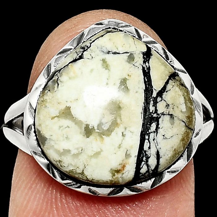 Authentic White Buffalo Turquoise Nevada Ring size-8 EXR01135 R-1074, 14x15 mm