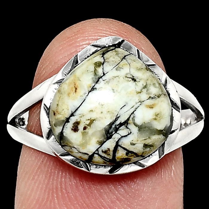 Authentic White Buffalo Turquoise Nevada Ring size-9 EXR01136 R-1074, 12x12 mm