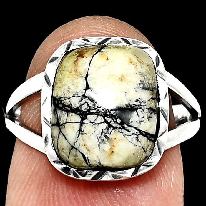 Authentic White Buffalo Turquoise Nevada Ring size-7 EXR01137 R-1074, 10x12 mm