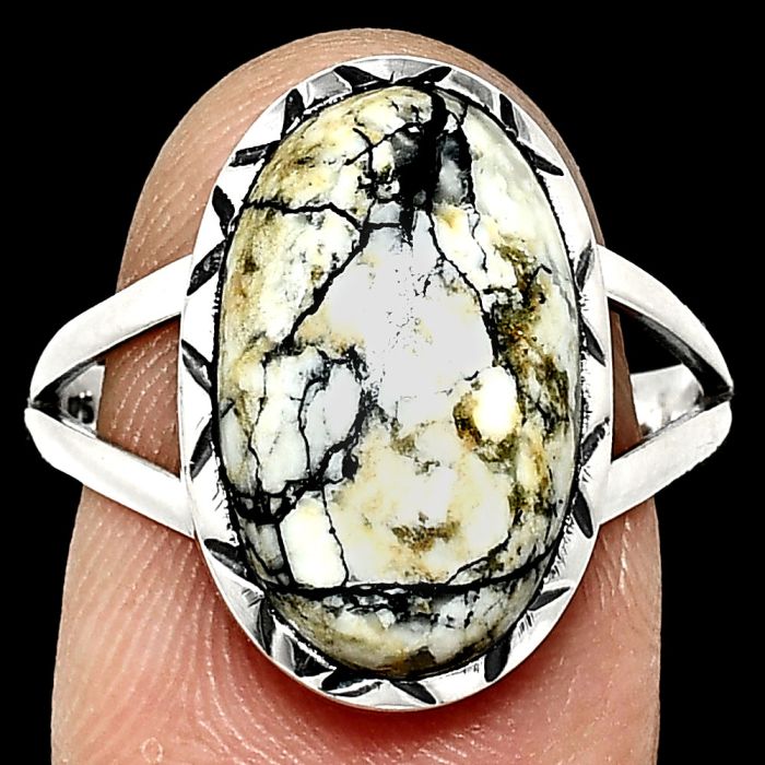 Authentic White Buffalo Turquoise Nevada Ring size-8.5 EXR01138 R-1074, 10x17 mm