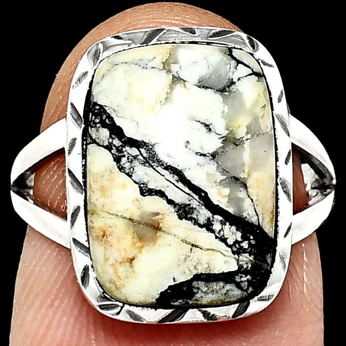 Authentic White Buffalo Turquoise Nevada Ring size-6 EXR01139 R-1074, 10x14 mm