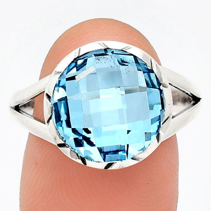 Sky Blue Topaz Checker Briolette Ring size-9.5 EXR01202 R-1074, 13x13 mm