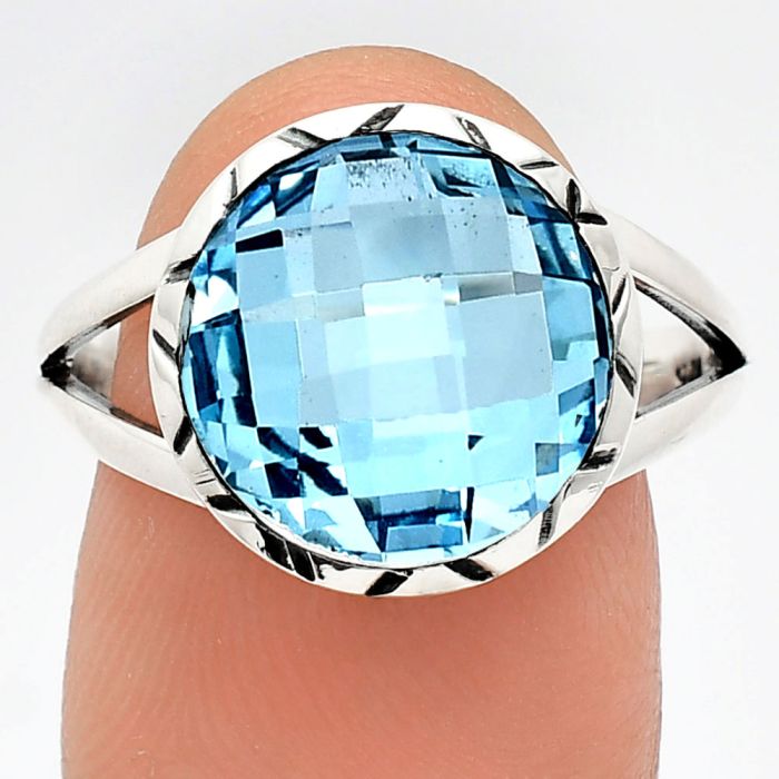 Sky Blue Topaz Checker Briolette Ring size-8.5 EXR01203 R-1074, 13x13 mm