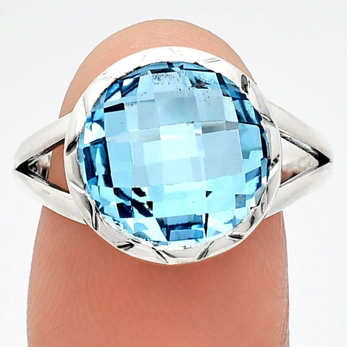 Sky Blue Topaz Checker Briolette Ring size-9.5 EXR01204 R-1074, 13x13 mm