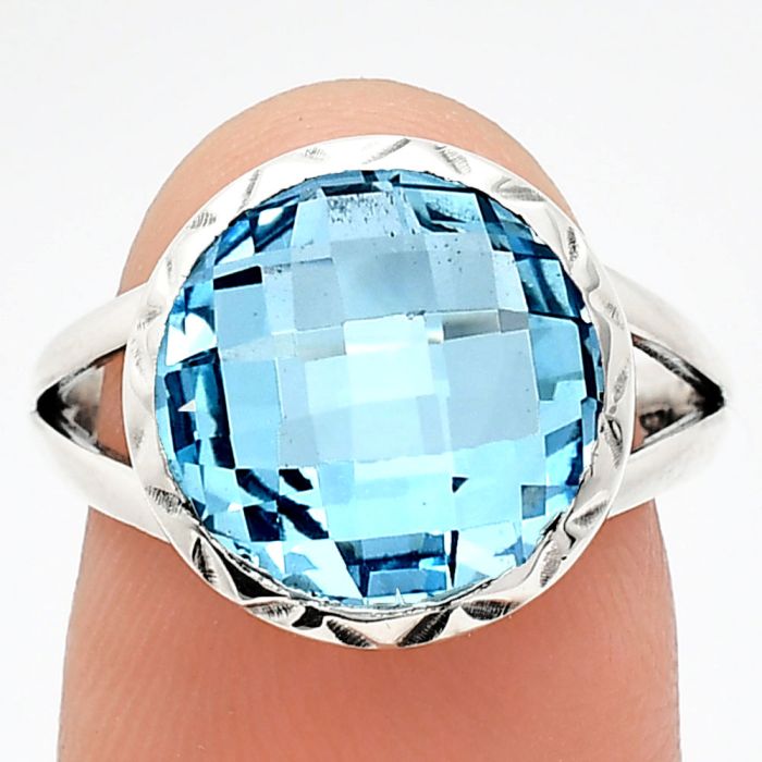 Sky Blue Topaz Checker Briolette Ring size-7.5 EXR01206 R-1074, 13x13 mm