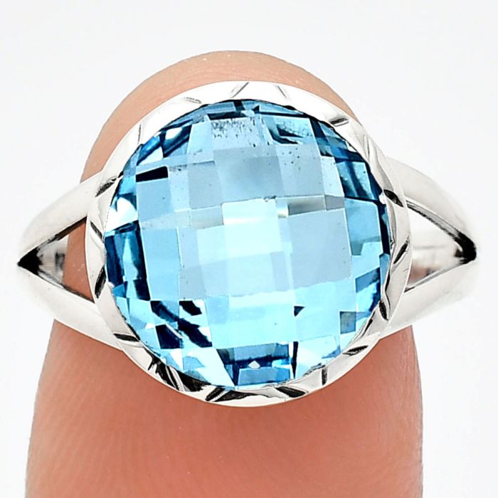 Sky Blue Topaz Checker Briolette Ring size-8.5 EXR01209 R-1074, 13x13 mm