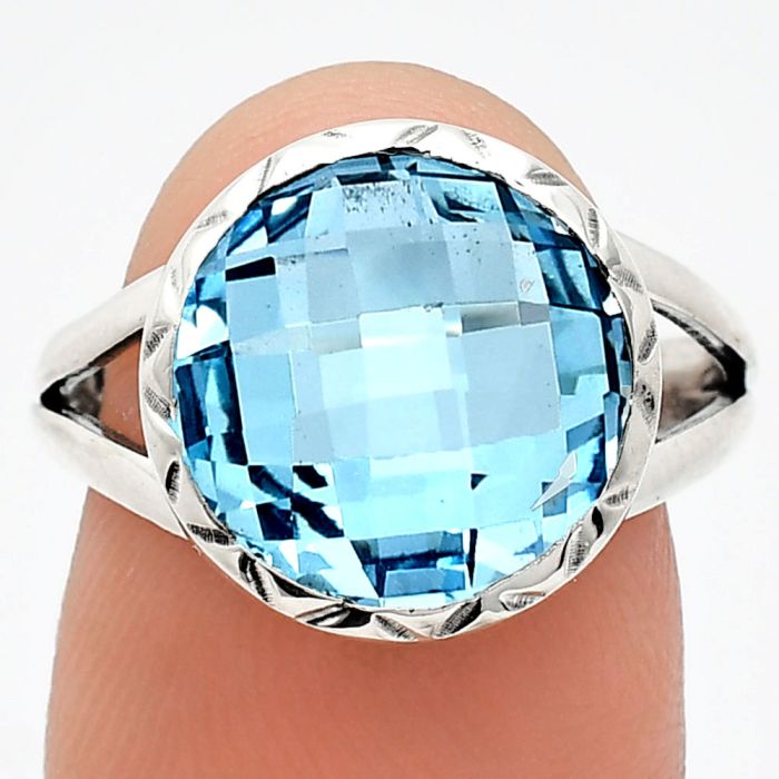 Sky Blue Topaz Checker Briolette Ring size-7.5 EXR01211 R-1074, 13x13 mm