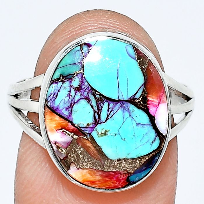 Kingman Orange Dahlia Turquoise Ring size-8.5 EXR01258 R-1003, 13x16 mm