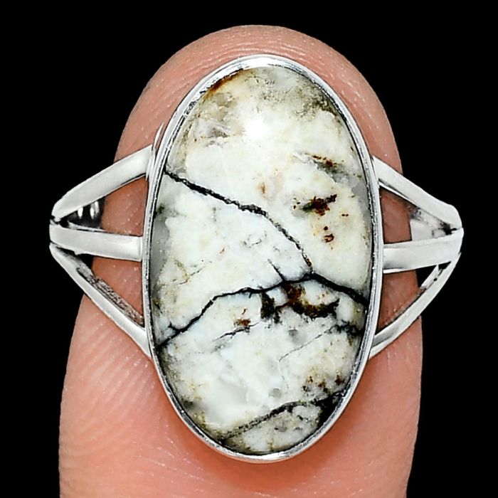 Authentic White Buffalo Turquoise Nevada Ring size-9 EXR01277 R-1003, 11x19 mm