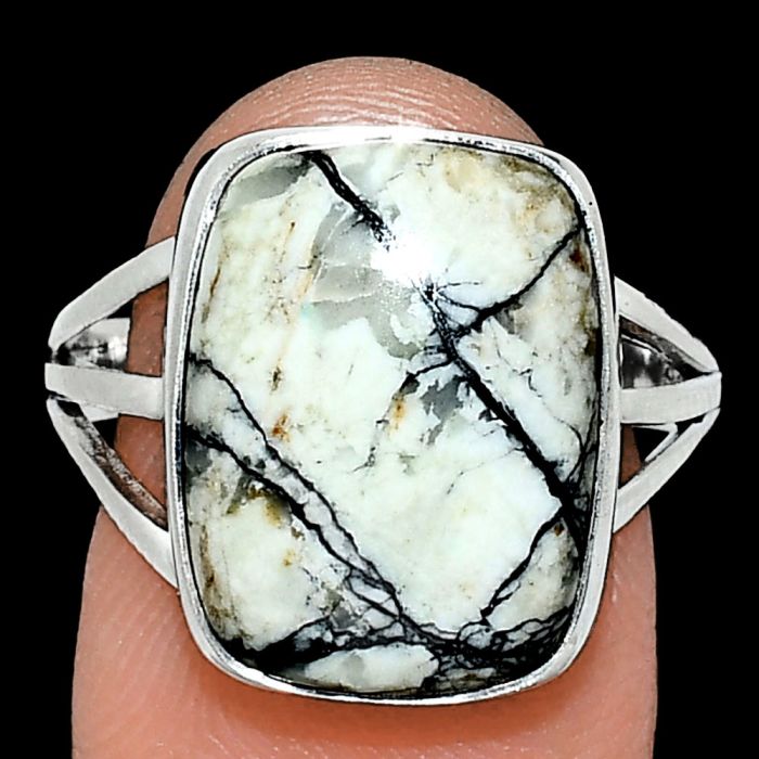 Authentic White Buffalo Turquoise Nevada Ring size-9 EXR01278 R-1003, 12x16 mm