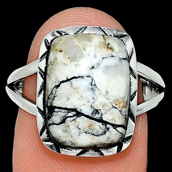 Authentic White Buffalo Turquoise Nevada Ring size-9 EXR01326 R-1003, 11x15 mm