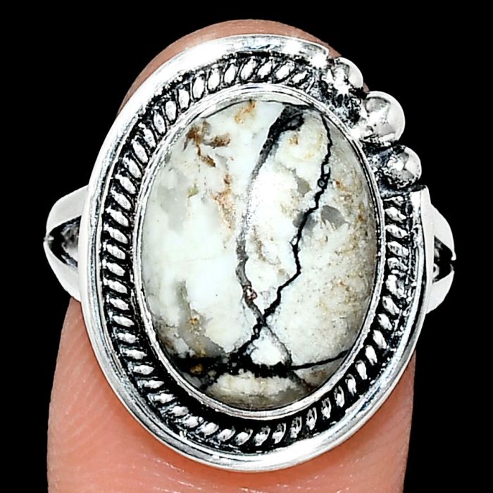 Authentic White Buffalo Turquoise Nevada Ring size-8 EXR01381 R-1148, 11x15 mm