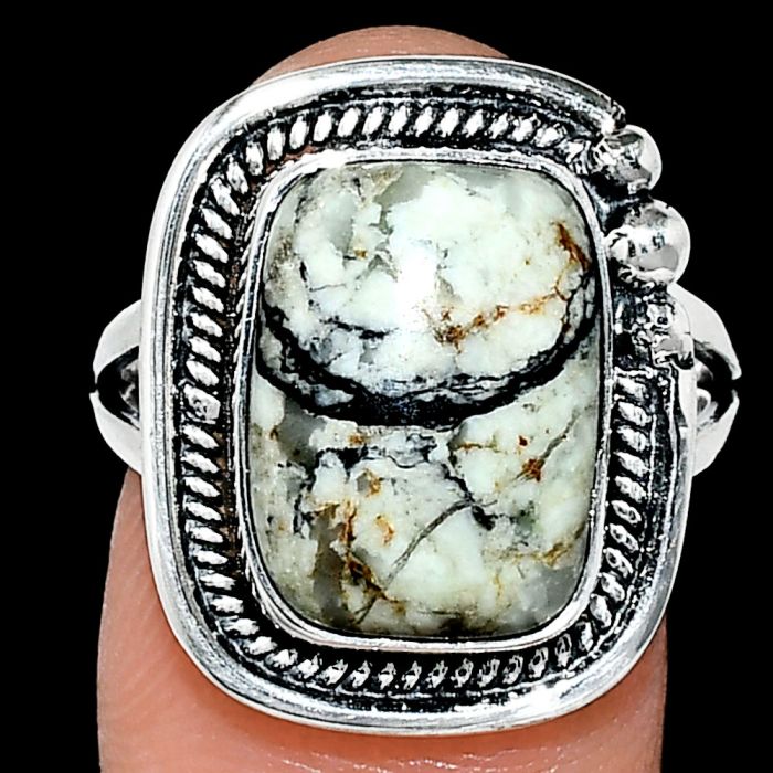 Authentic White Buffalo Turquoise Nevada Ring size-8 EXR01382 R-1148, 10x14 mm